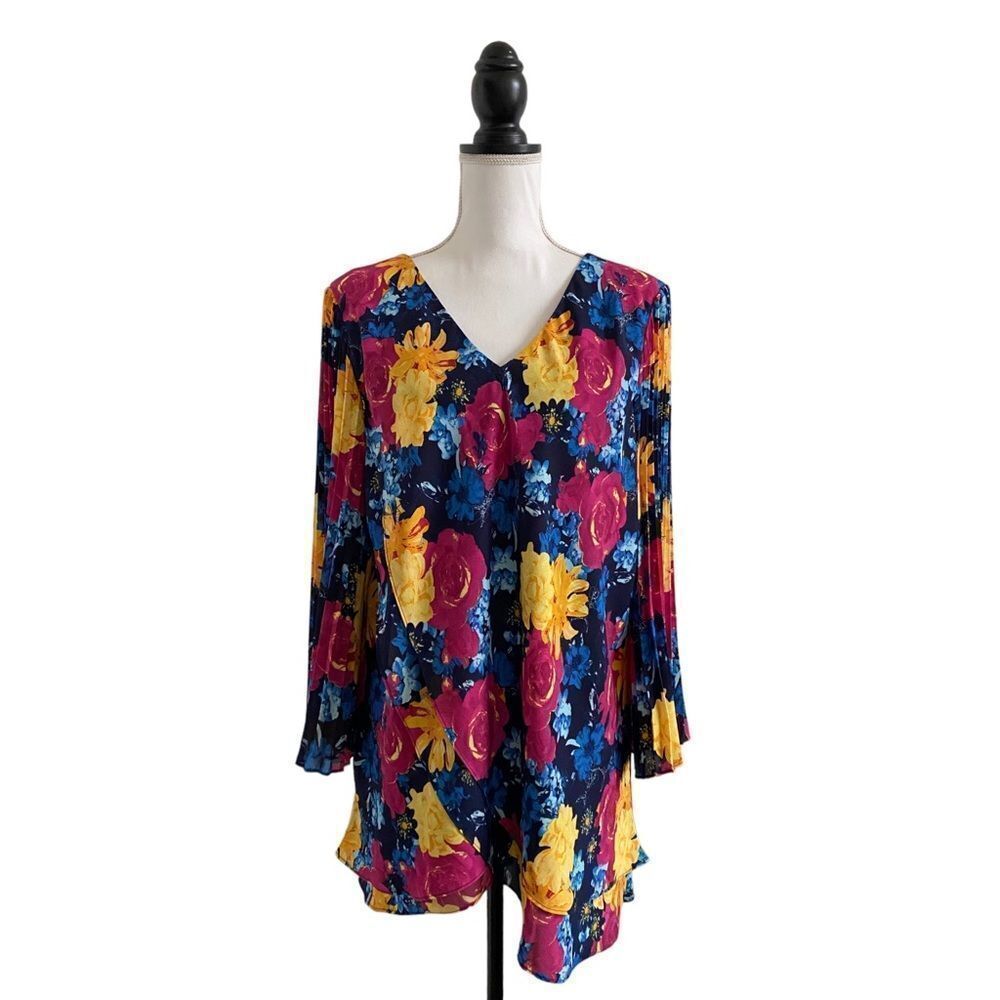 Laurie Felt Floral Drape Style Reversible Blouse Pleated Bell Sleeve Xtra Large